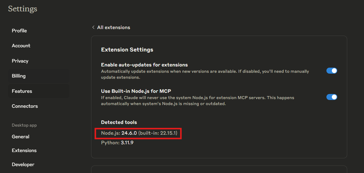 Check that Node.js is listed