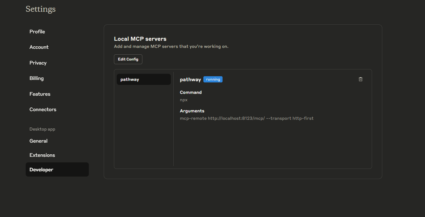 If everything went well, Pathway MCP server should be listed in the Developer section.